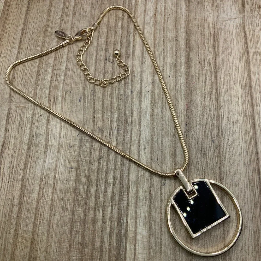 Chico's Openwork Black & Gold Tone Enamel Pendant Necklace